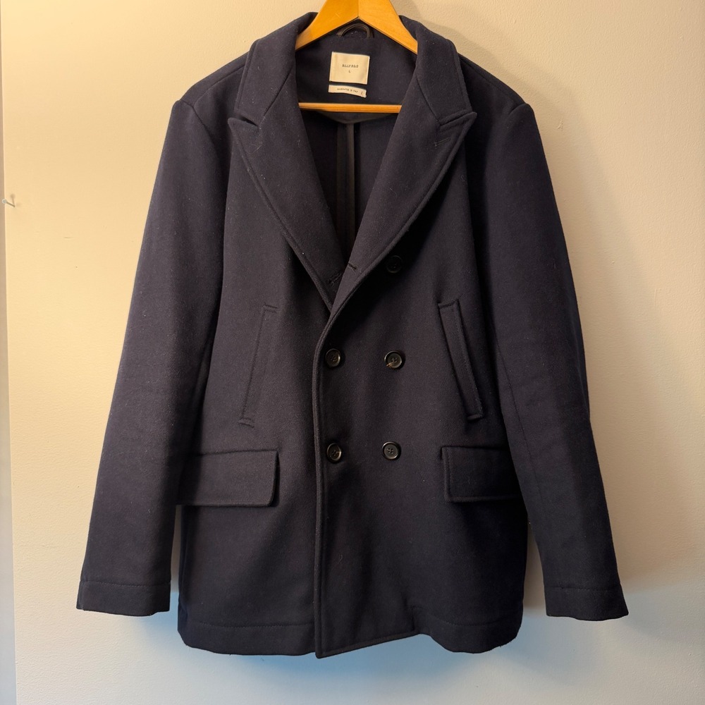 Billy Reid Bond Pea Coat Navy Blue Wool Leather Trim Mens Large Made in Italy